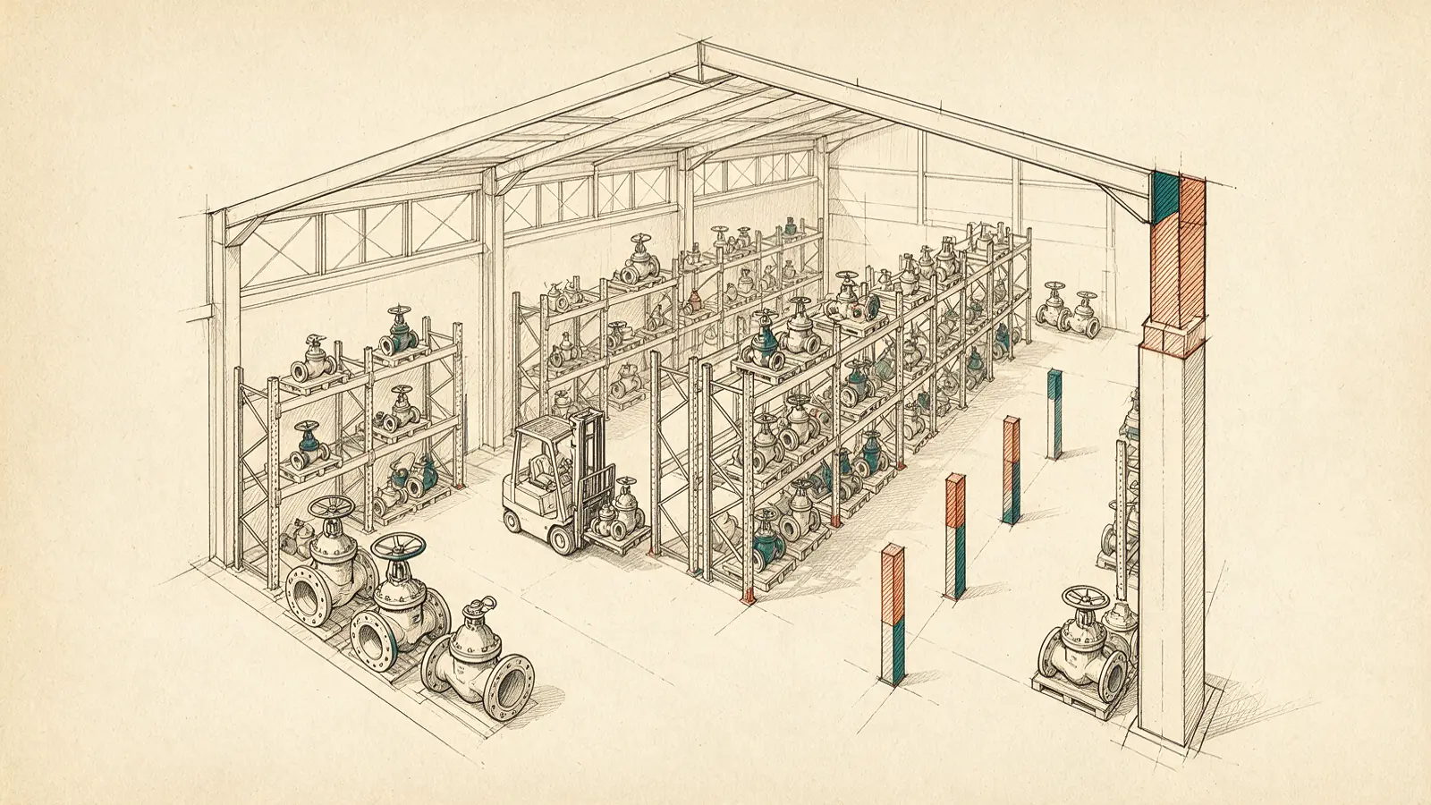 Axonometric line drawing of a valve stockist's warehouse interior, racking rows holding flanged valves