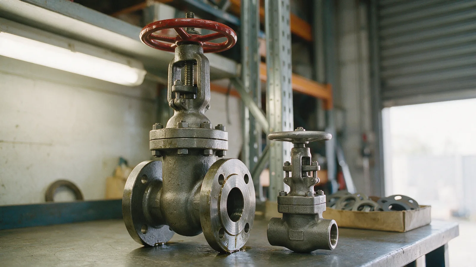 A flanged gate valve with a red handwheel beside a much smaller socket-end gate valve on a steel workshop bench, with storage racking behind