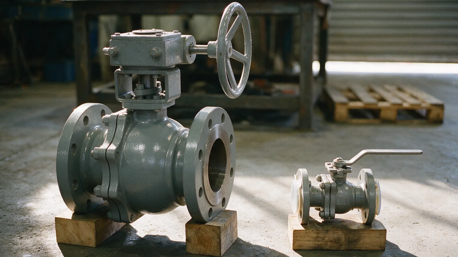 Two industrial ball valves on timber blocks in a workshop bay: a large grey flanged ball valve with a worm gearbox and handwheel, and a much smaller flanged ball valve with a lever handle