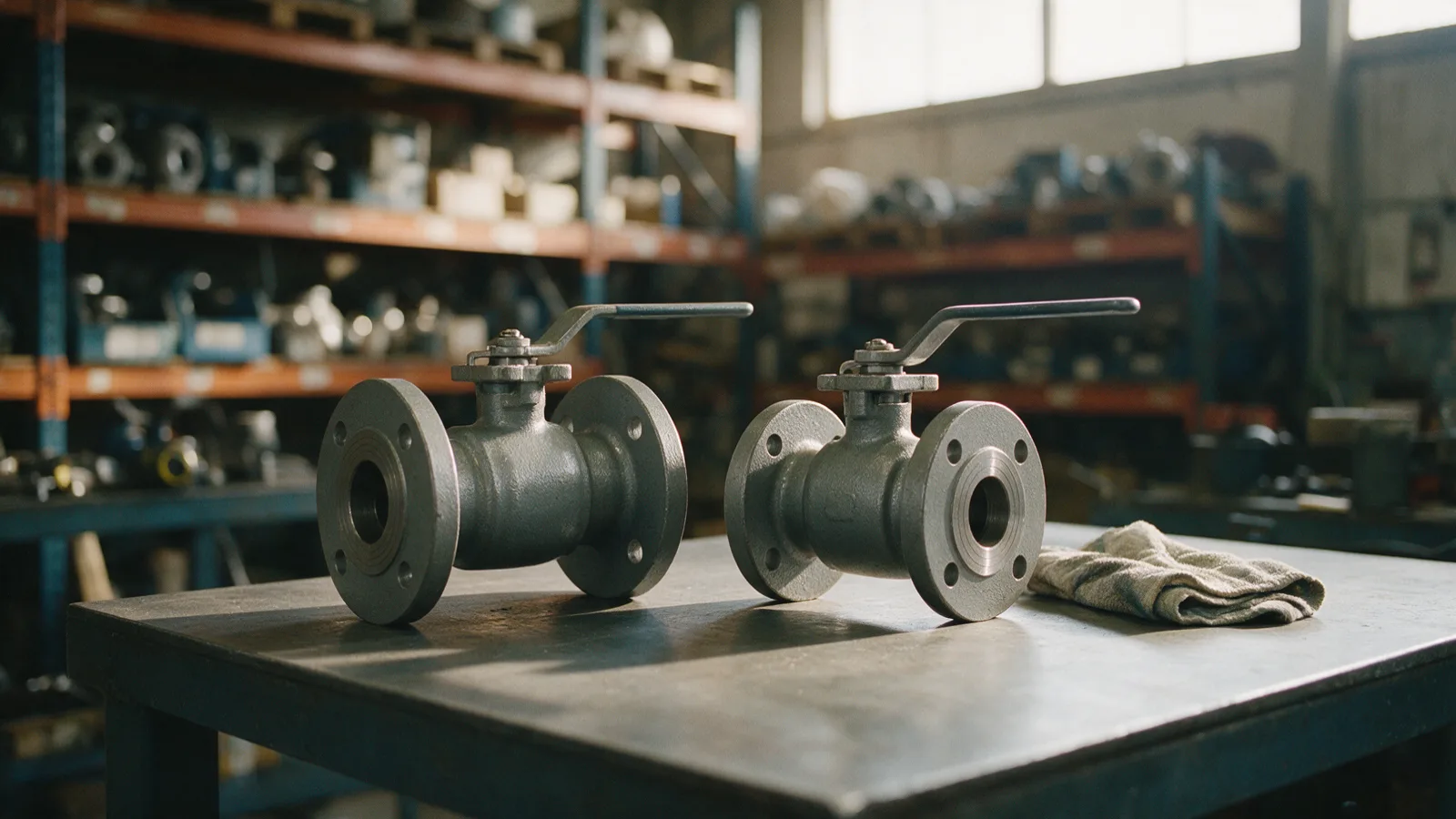 Two grey flanged ball valves with lever handles side by side on a steel workbench, the left body visibly longer than the right, with storage racking behind