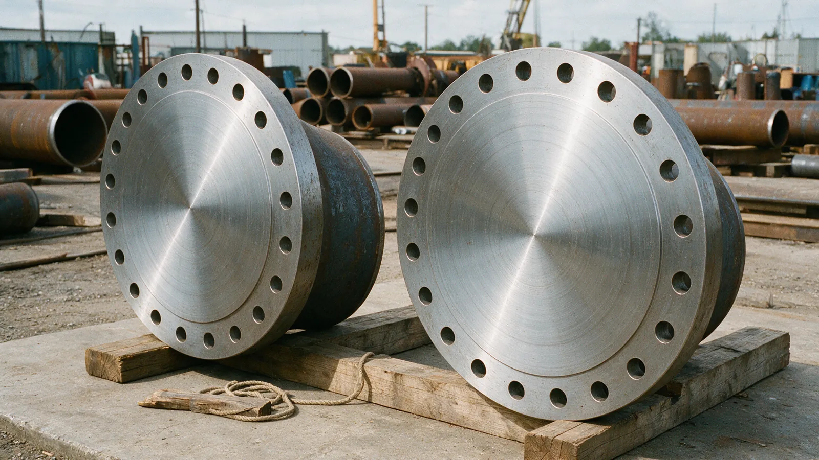 Two large steel welding neck flanges standing on timber bearers in a pipe yard, their machined faces turned to the camera with the circle of bolt holes visible, carrying no markings