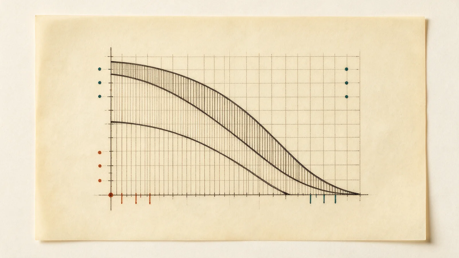 Hand-drawn chart of three descending pressure-temperature curves over a temperature axis on gridded vellum