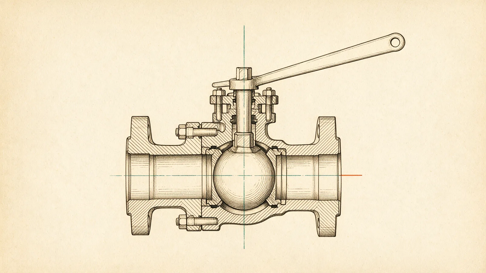 Sectioned drawing of a flanged ball valve: the bored sphere held between two seats, bolted body joints, and the lever mounted on the stem above