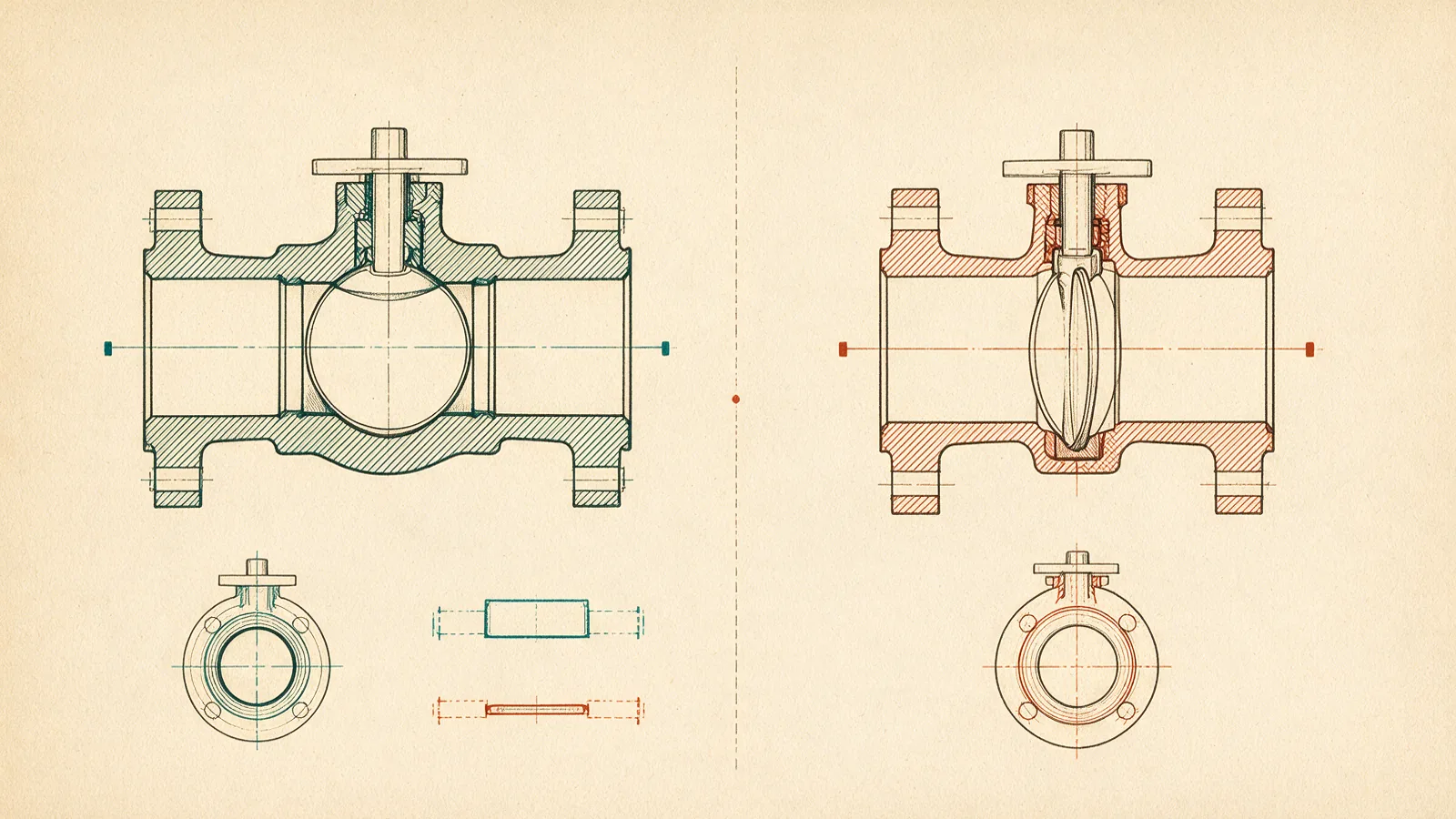 Outline drawings of a ball valve and a wafer butterfly valve at the same nominal size overlaid on vellum, showing the difference in body length