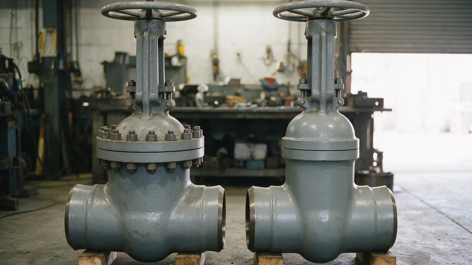 Two grey cast steel gate valves on timber blocks in a workshop bay: the left one with a bolted bonnet flange ringed with studs and nuts, the right one with a compact pressure seal bonnet and no bolted flange
