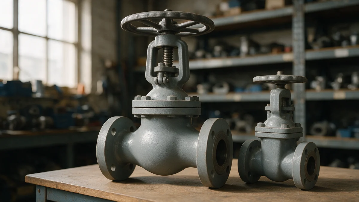 A flanged cast steel globe valve with a spoked handwheel on an outside screw and yoke stem, on a workbench beside a smaller gate valve