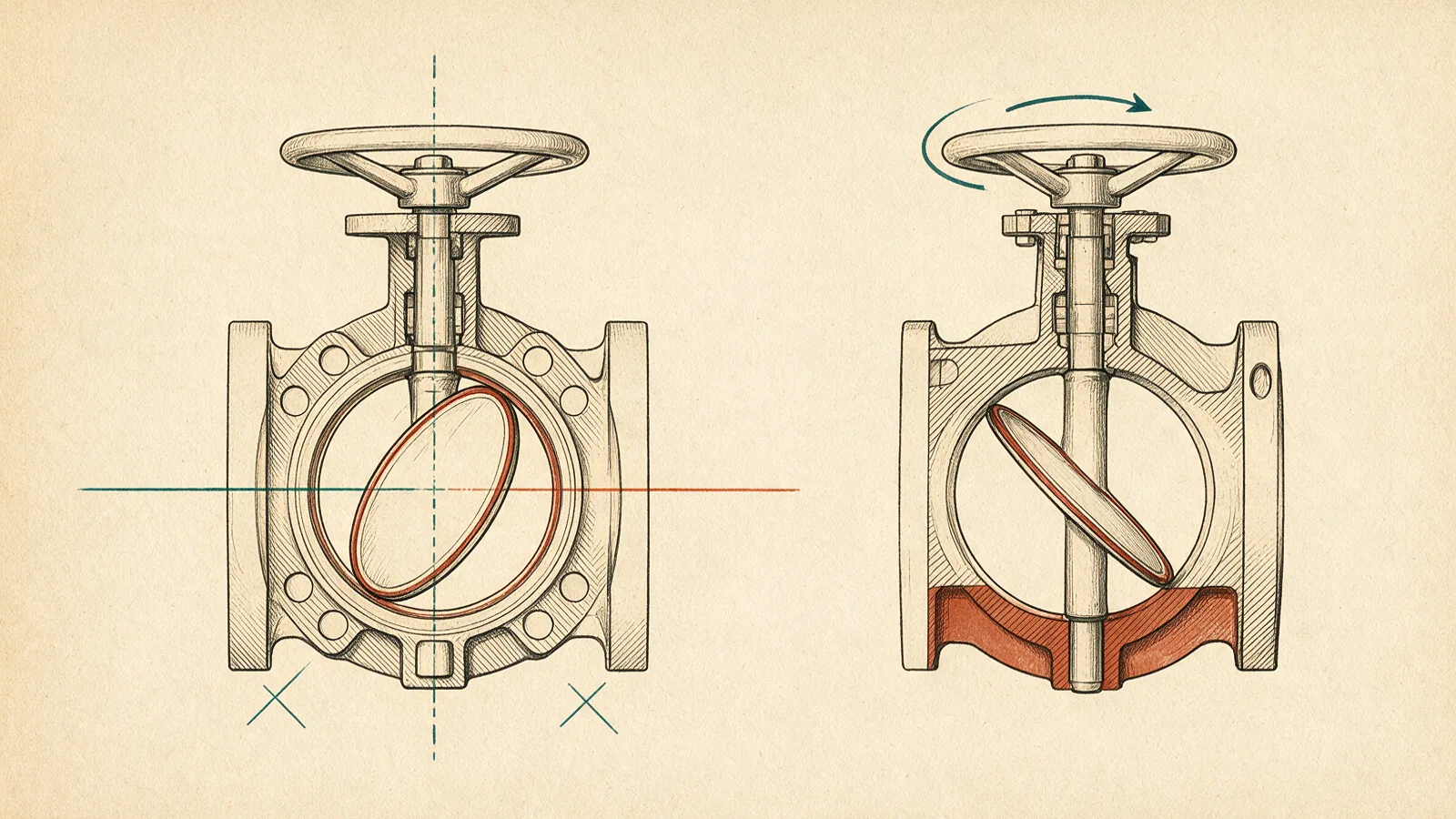 Front and sectional drawings of a butterfly valve: the disc mid-rotation inside the ringed body on the left, the stem passing through the disc with the seat marked on the right
