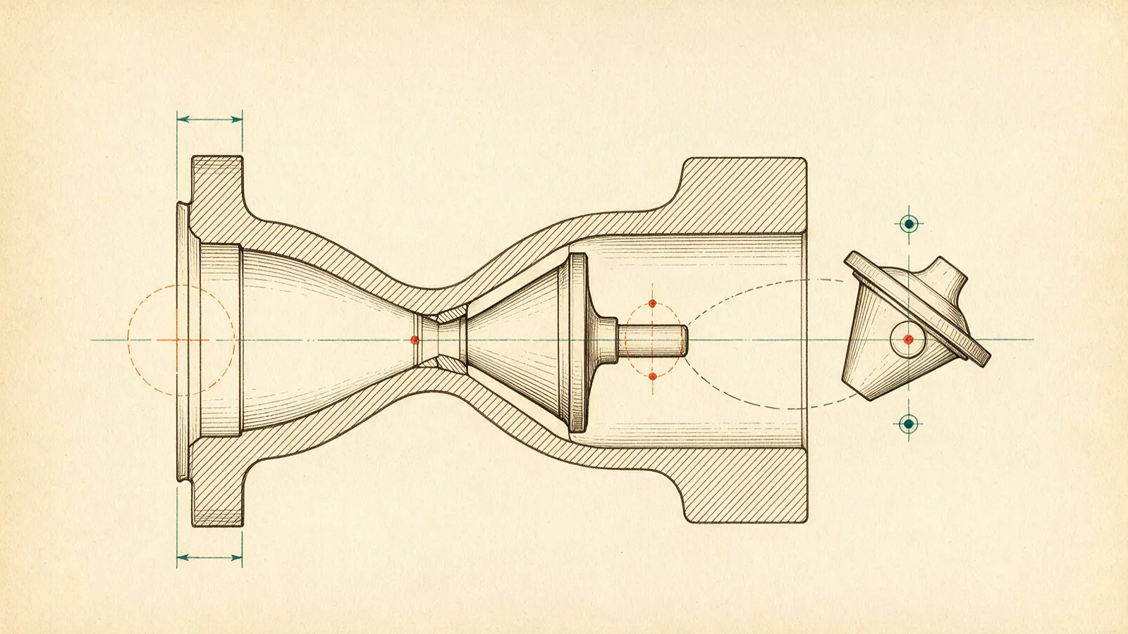 Sectional drawing of an axial check valve: the conical disc on its short stem inside the sectioned body, with the disc drawn again removed at right