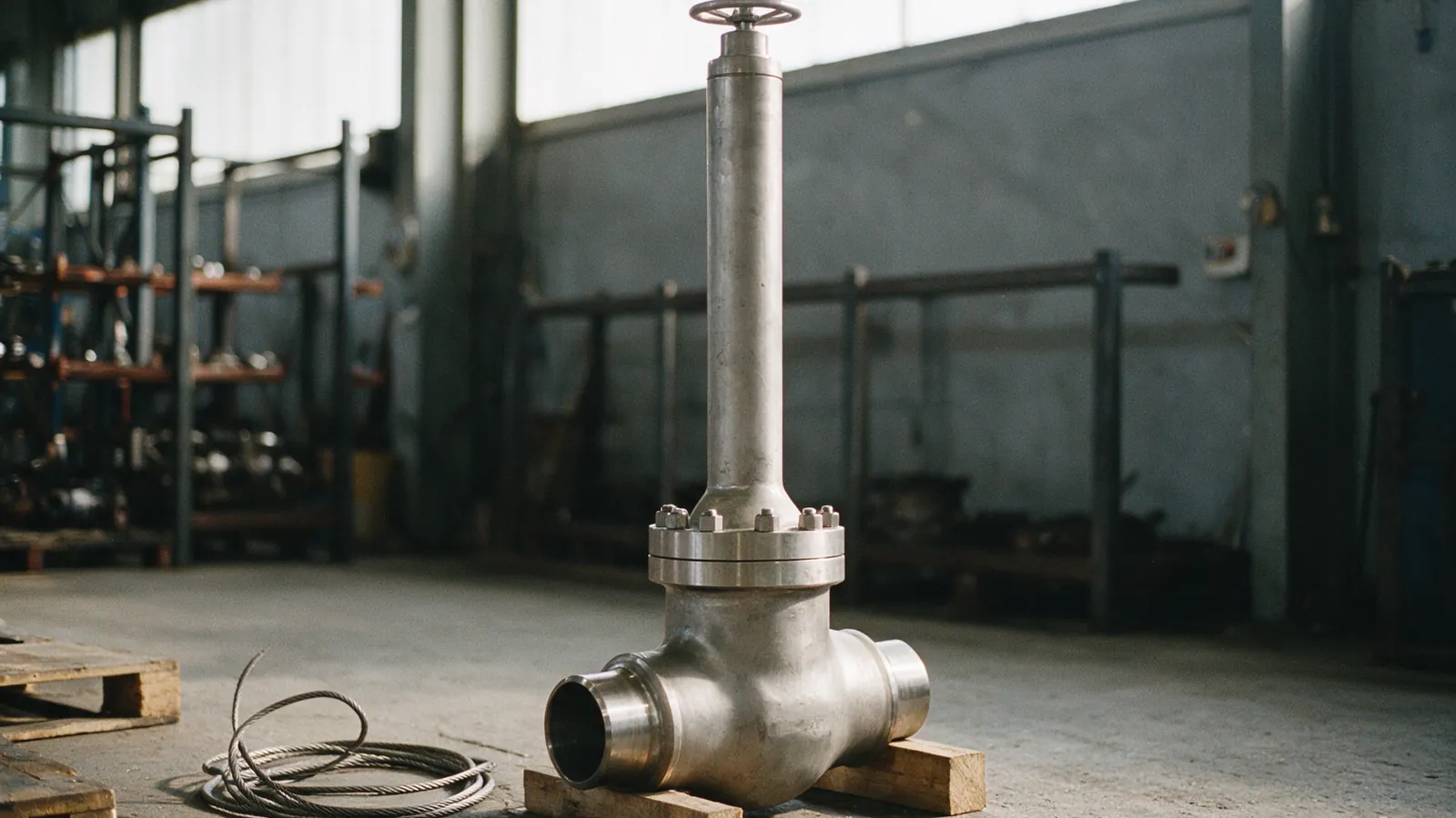 A stainless steel cryogenic gate valve on timber blocks in a workshop bay, with a long extended bonnet column rising from the body to a small handwheel, and butt-weld ends