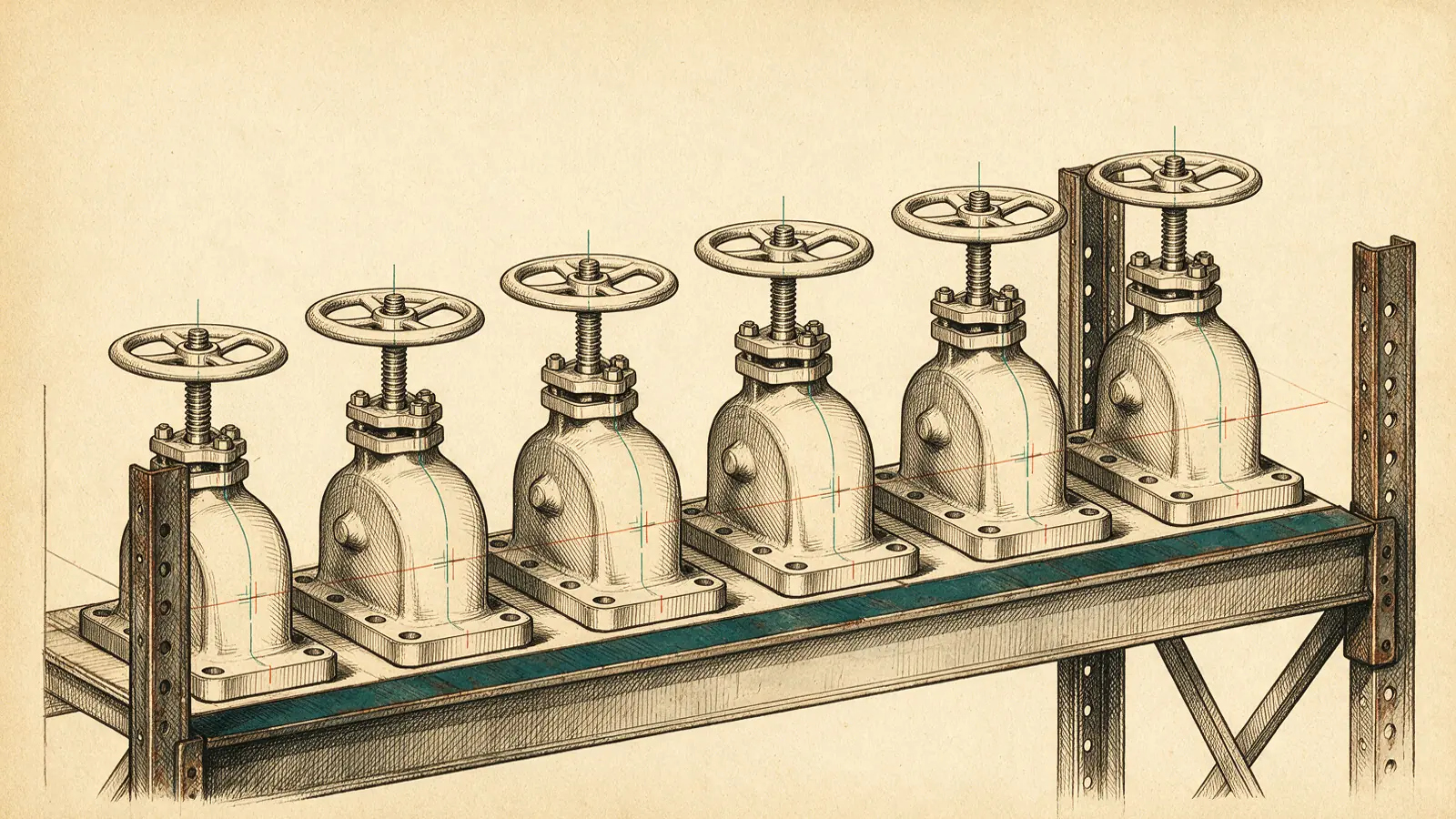 Six flanged wedge gate valves standing in a row on a stockist's warehouse shelf, drawn as a handbook plate