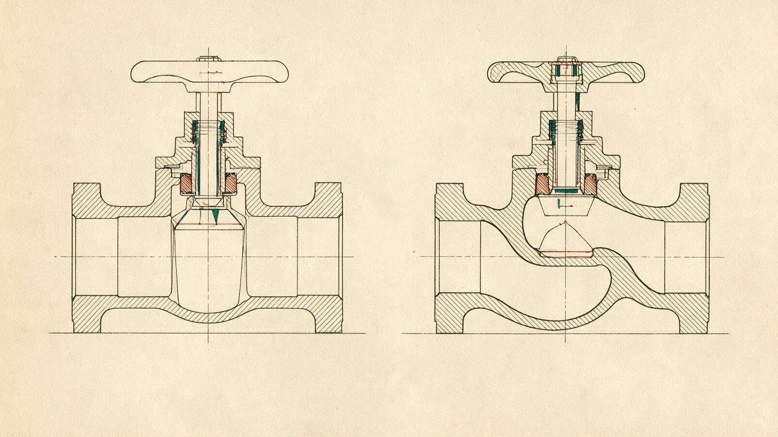Two valve cross-sections drawn side by side on vellum: a straight-bore gate pattern and an S-passage globe pattern sharing one baseline