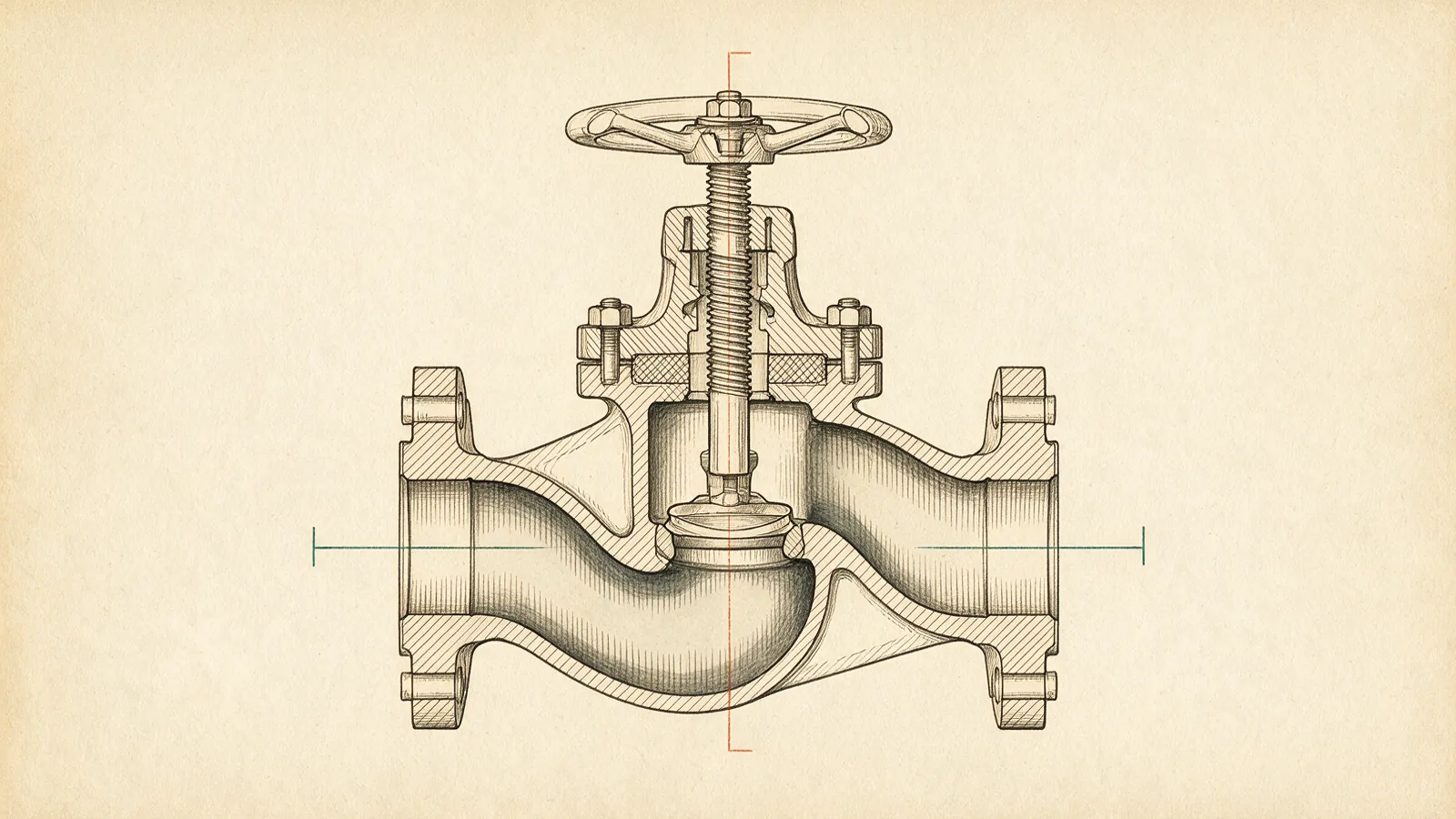 Cutaway drawing of a flanged globe valve: handwheel, threaded rising stem, and the disc closing onto a seat in the S-shaped flow passage