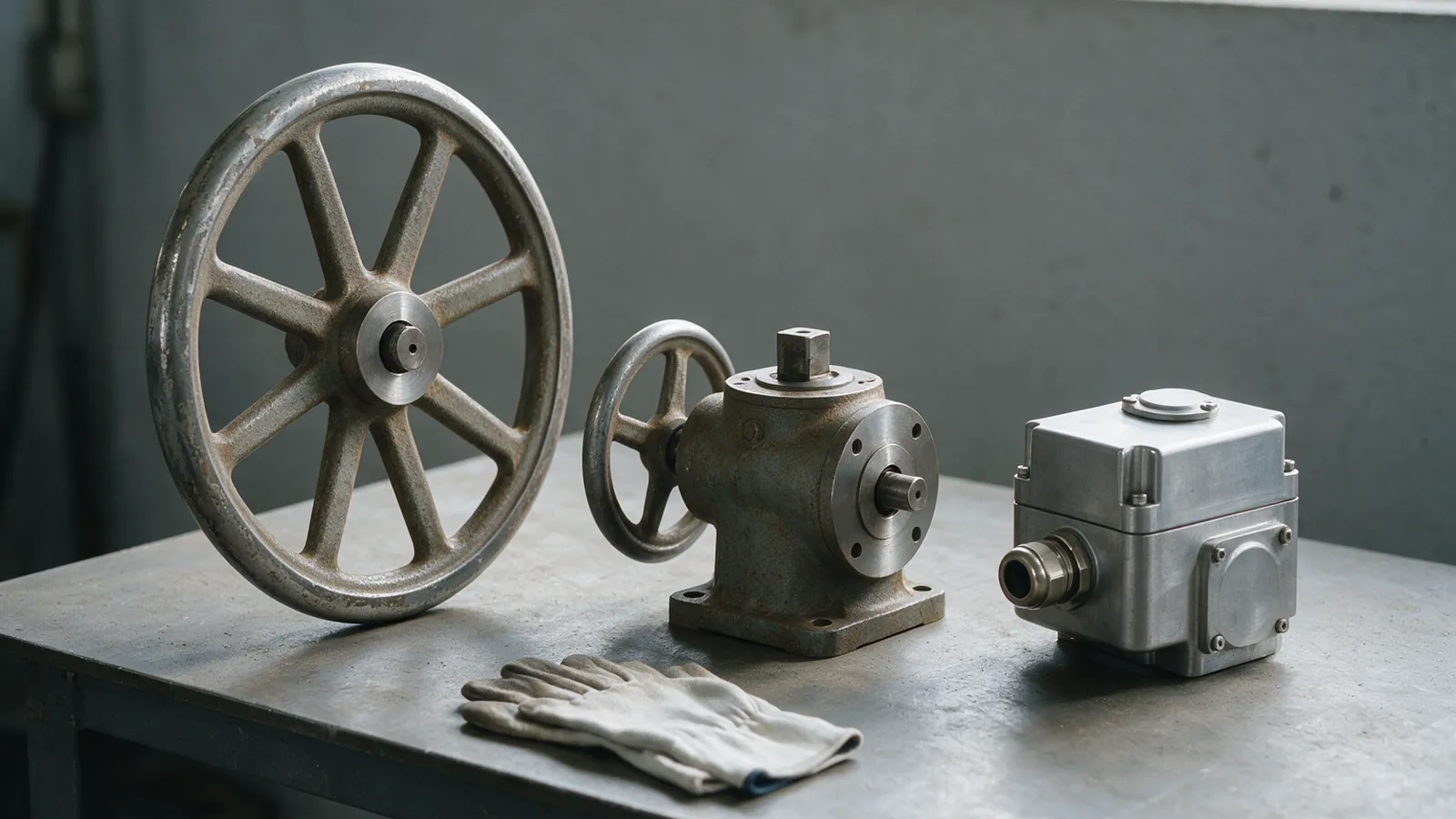 Three ways of turning an industrial valve, standing apart on a workshop bench: a spoked cast handwheel, a worm gearbox with a side handwheel and a square drive boss, and a compact enclosed drive unit with a cable gland