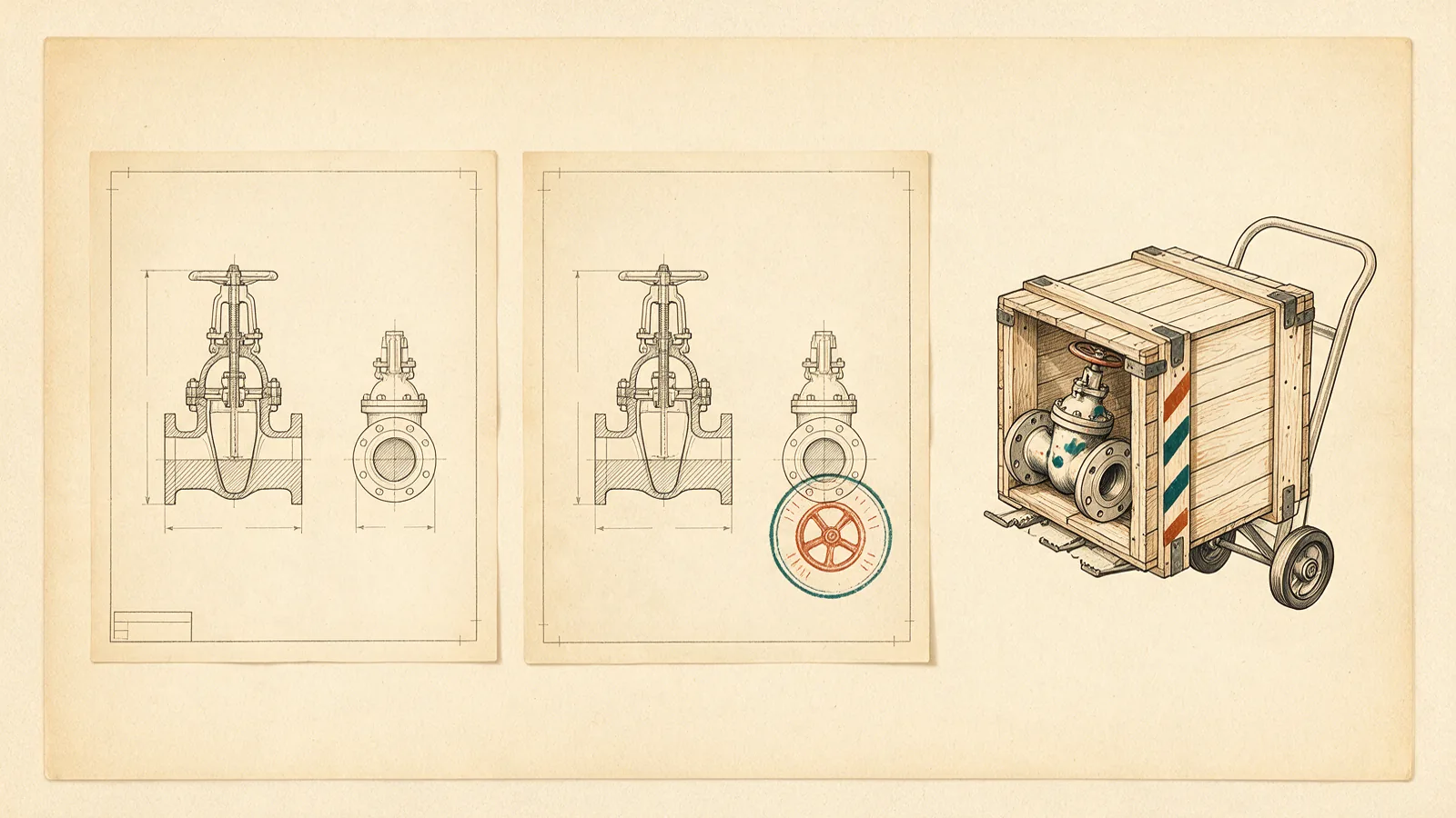 Three-panel process drawing: an enquiry sheet, a stamped quotation sheet, and a crated valve on a hand truck