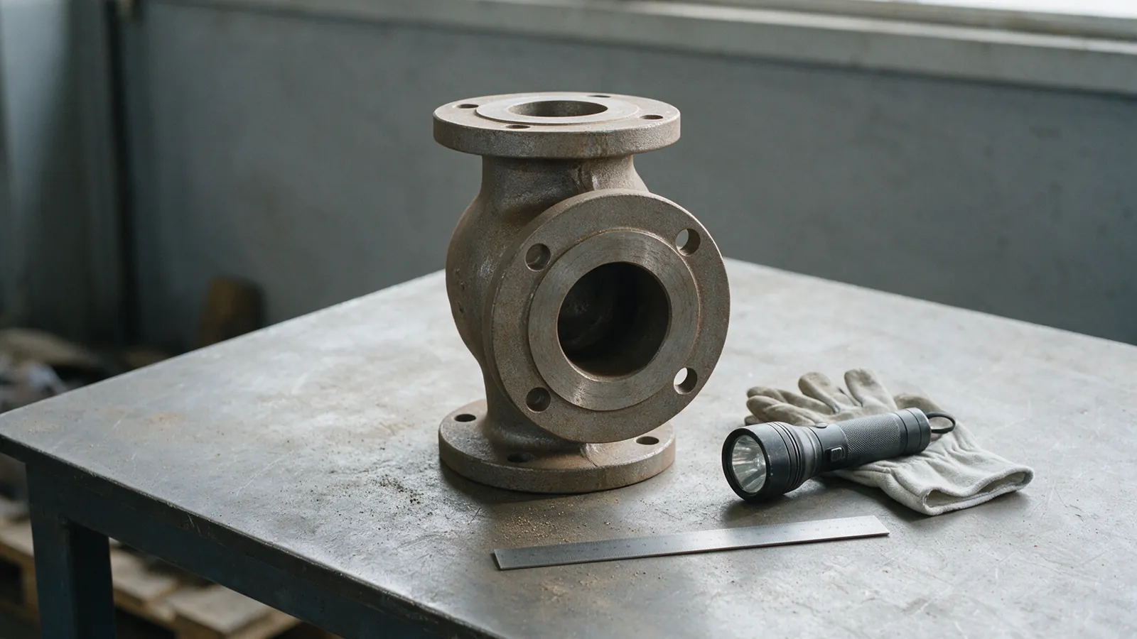 An unpainted cast steel valve body standing on a workshop inspection bench with its flange face toward the camera, the raw as-cast surface visible, an inspection torch, cotton gloves and a steel rule beside it