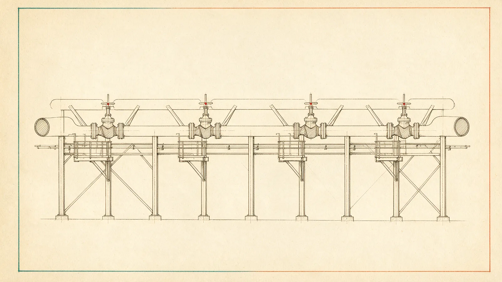 Elevation line drawing of an oil terminal pipe rack with valve stations marked along the run