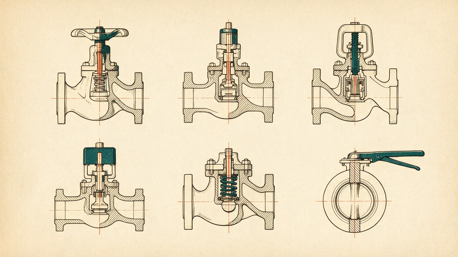 Contact-sheet plate of six valve cross-sections drawn in a three-by-two grid on vellum