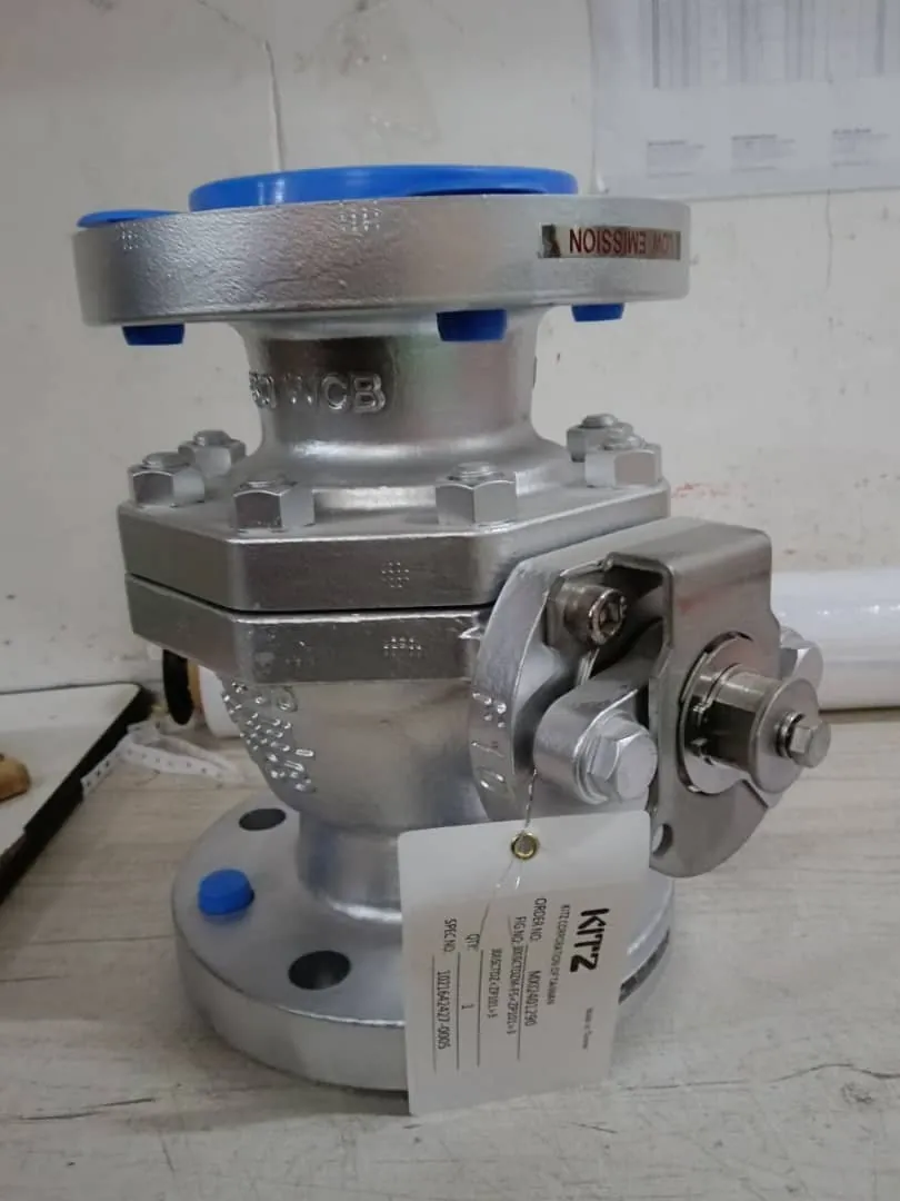 Flanged cast-steel ball valve standing on a bench with an order tag wired to it