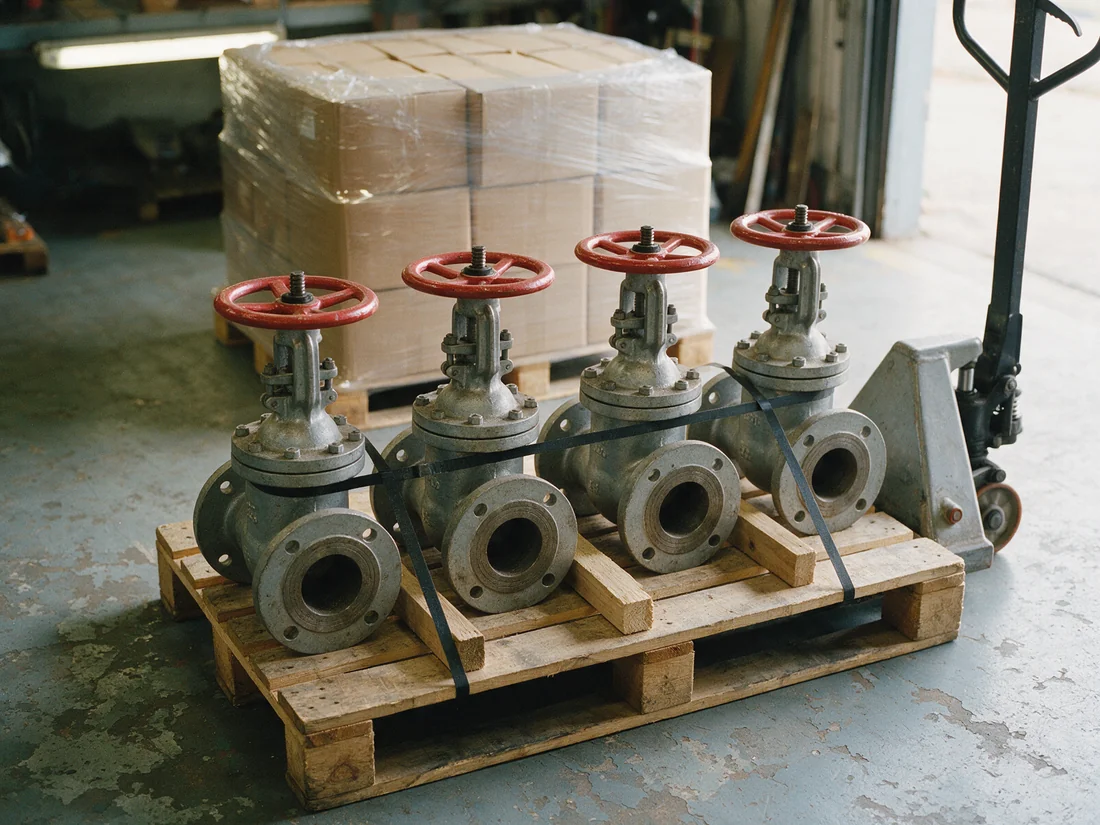 Flanged gate valves strapped upright on a pallet, boxed stock and a pallet truck behind