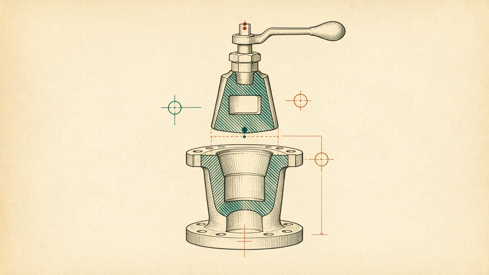 Exploded sectional drawing of a tapered plug valve: the ported plug with its lever lifted clear above the sectioned, flanged body cavity
