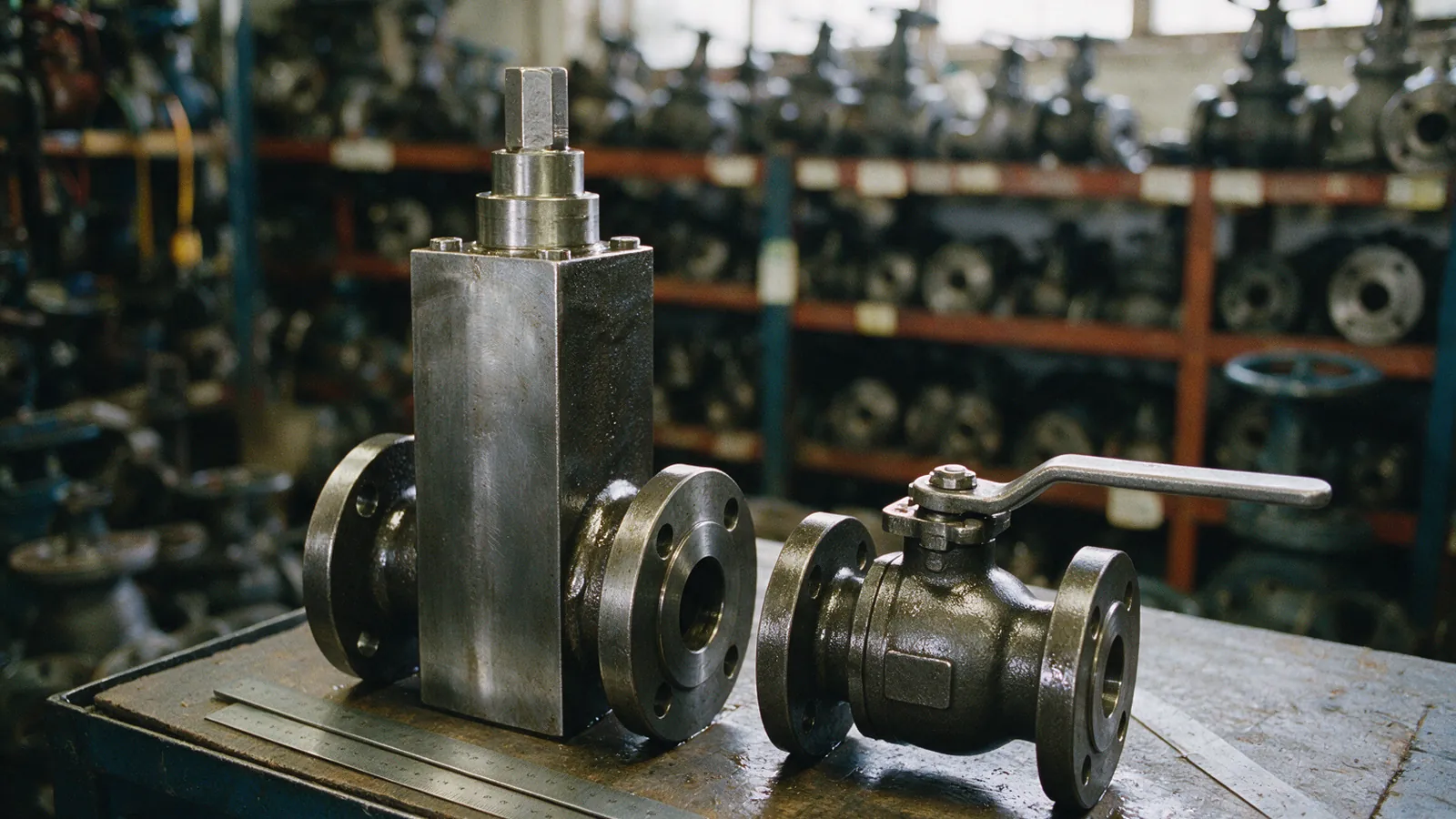 Two flanged quarter-turn valves on a workshop bench: a tall square-bodied plug valve with a square-headed stem on the left and a compact lever-handled ball valve on the right, with racked valves out of focus behind them