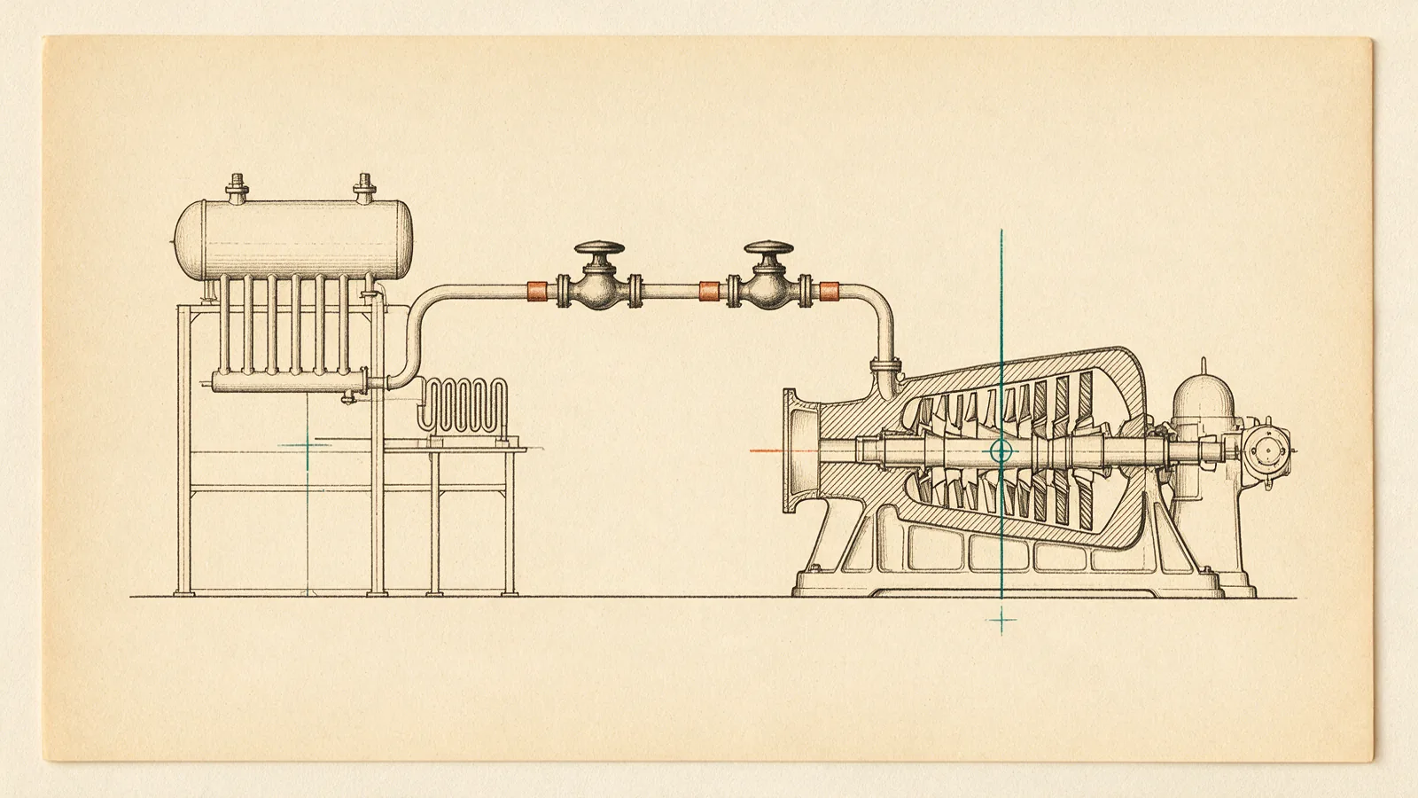Schematic elevation drawing of a steam circuit from boiler drum to turbine with isolation points marked