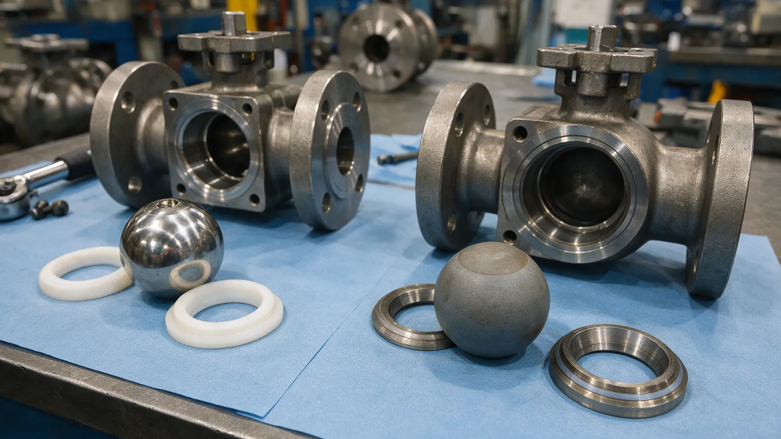 Two disassembled flanged ball valves on blue shop paper on a workshop bench: on the left a polished ball beside two white polymer seat rings, on the right a dull grey coated ball beside two machined metal seat rings