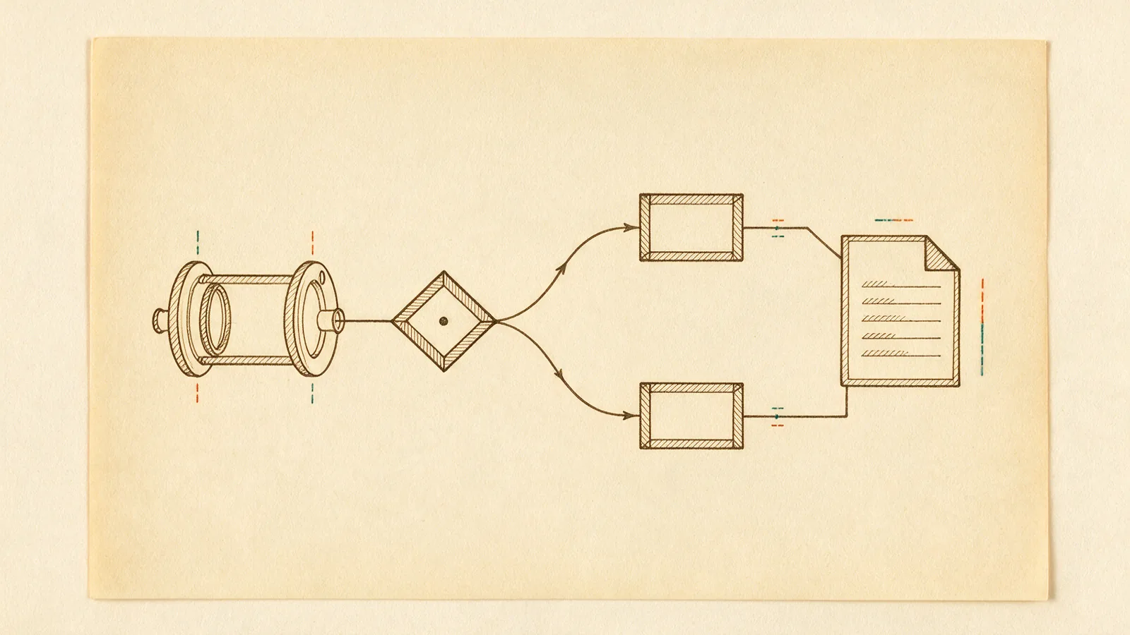 Flow-line drawing running from a pipe symbol through decision branches to a purchase order document outline