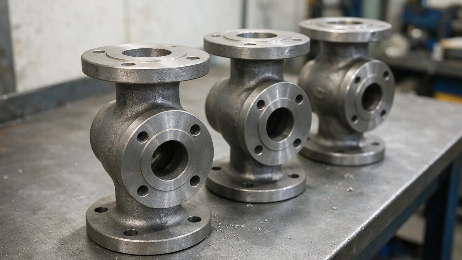 Three bare cast steel valve bodies of different sizes standing on a workshop bench, unpainted and unmachined, with no nameplates or markings
