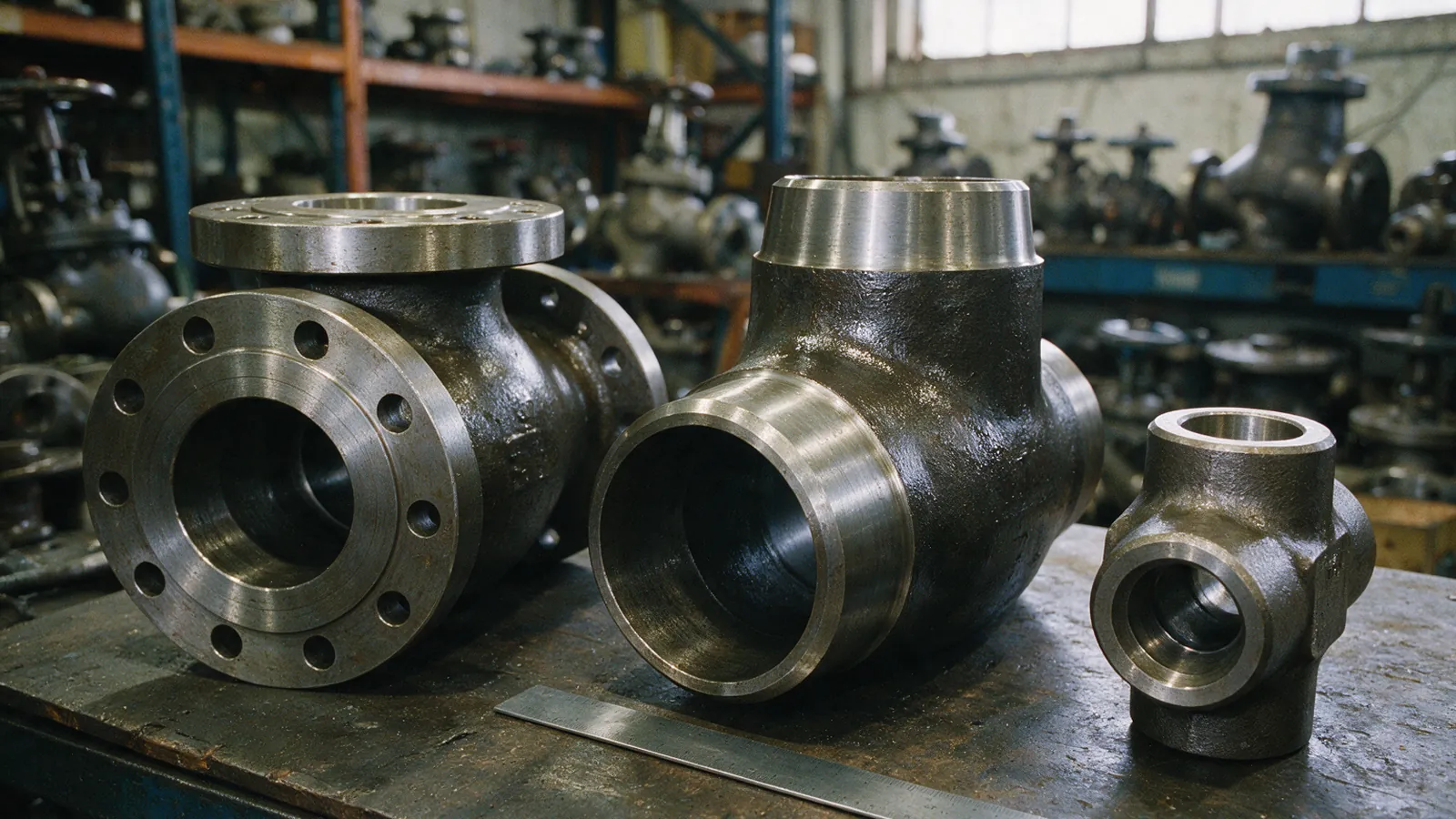 Three unpainted valve bodies on a workshop bench with their ends turned to the camera: one ringed by a drilled bolt flange, one with a wide machined bore, and a small forged body with bored sockets