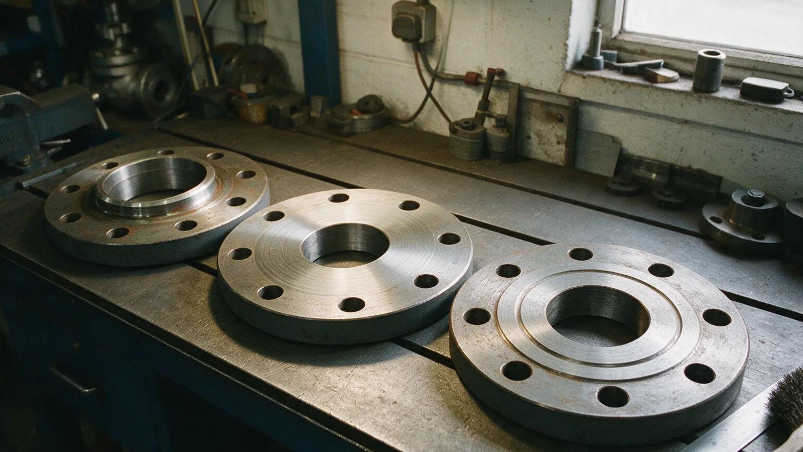 Three cast steel pipe flanges laid face up in a single row on a workshop bench, their bolt holes and machined faces catching the light from a window