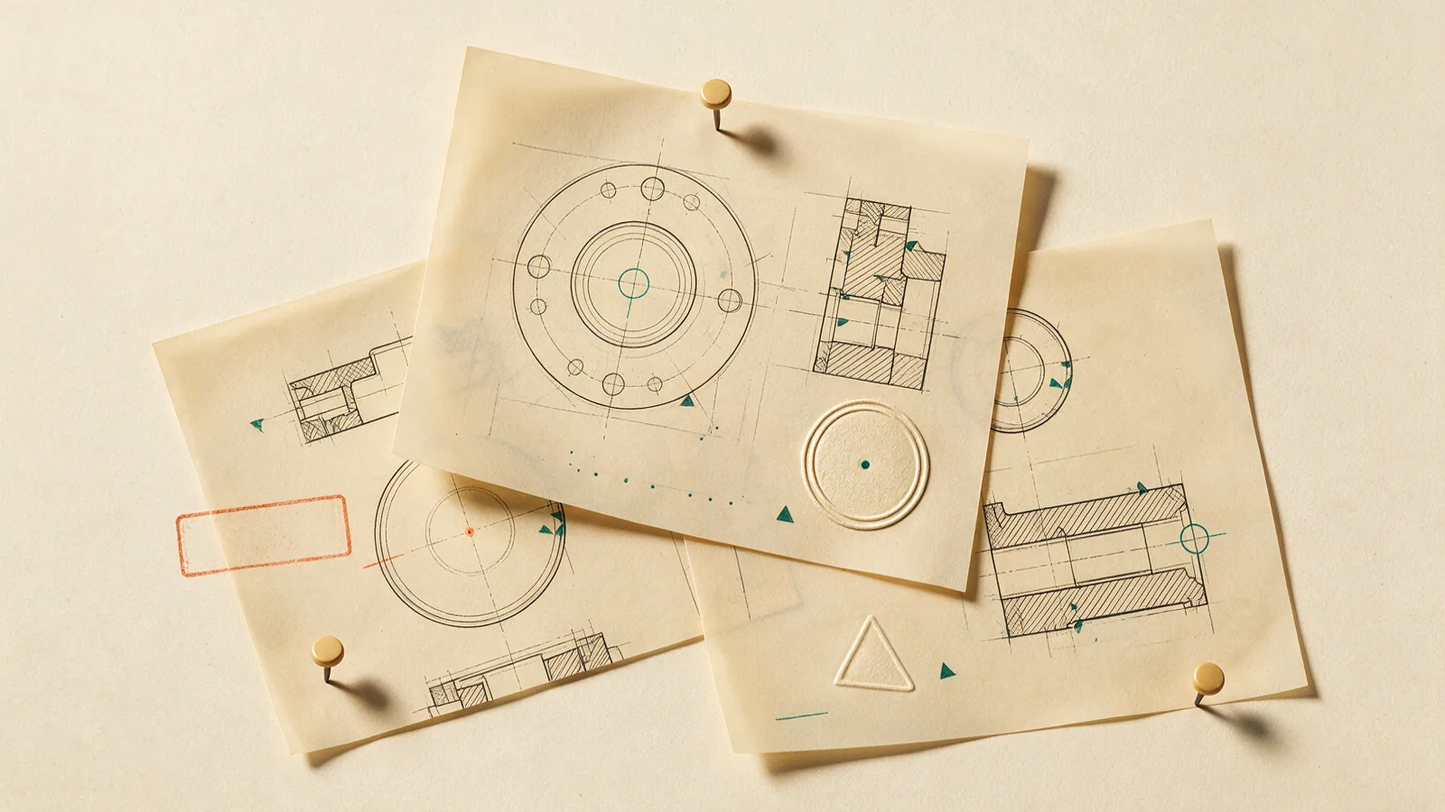 Three overlapping document outlines pinned to a drafting board, each carrying a distinct stamp mark