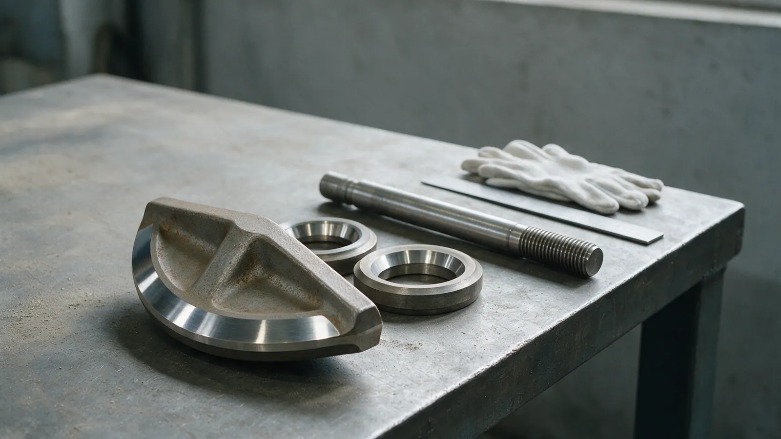 Valve trim laid out on an inspection bench: a machined closure component with a bright seating band, two seat rings and a valve stem